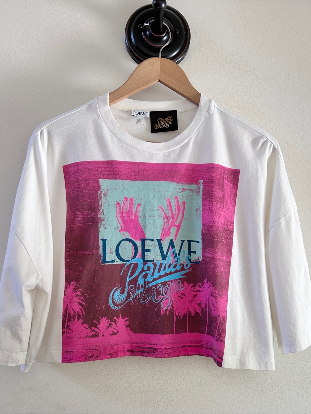 LOEWE x PAULAS IBIZA Crop White Tee with Pink and Turquoise Graphic - XS
